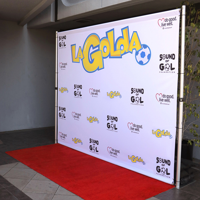 8' x 10' Step and repeat backdrop with our pipe and base stand for La Golda.