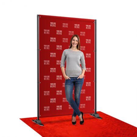 A 5 by 8 foot step and repeat with telescoping stand