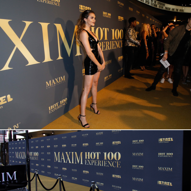 A colossal 8 by 50 foot seamless fabric stretch media wall for Maxim Hot 100