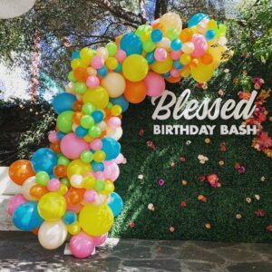 Hedge wall and Blessed Birthday Bash lettering by Step and Repeat LA