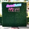 Sweet Tart hedge wall with custom cut out logo and neon lights!