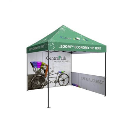 Standard Zoom 10' canopy tent with full back wall and half side wall.
