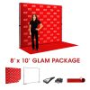 The Glam package includes an 8' x 10' backdrop, pipe and base stand, carry bag and an 8' x 10' red carpet.