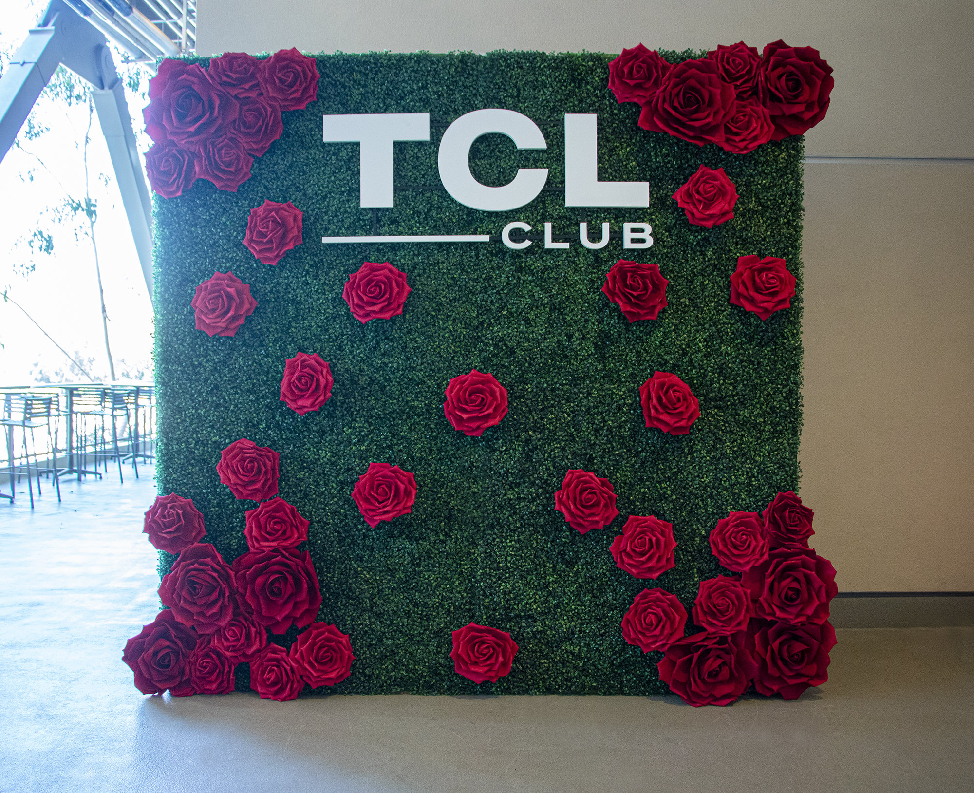 Beautiful hedge wall with big red roses and custom letters!